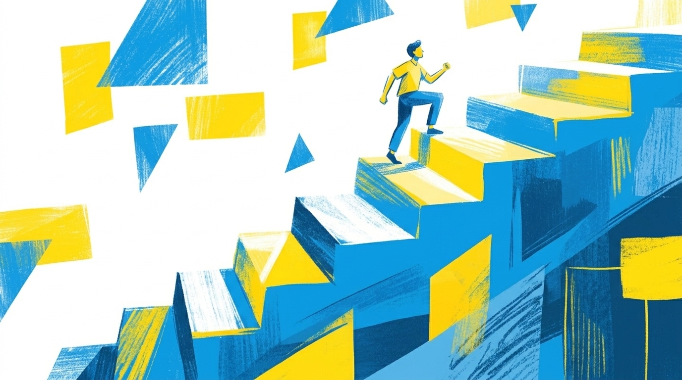 Abstrakte Illustration einer Treppe mit zunehmender Autonomie, von kontrolliert zu selbstständig, in blau und gelb