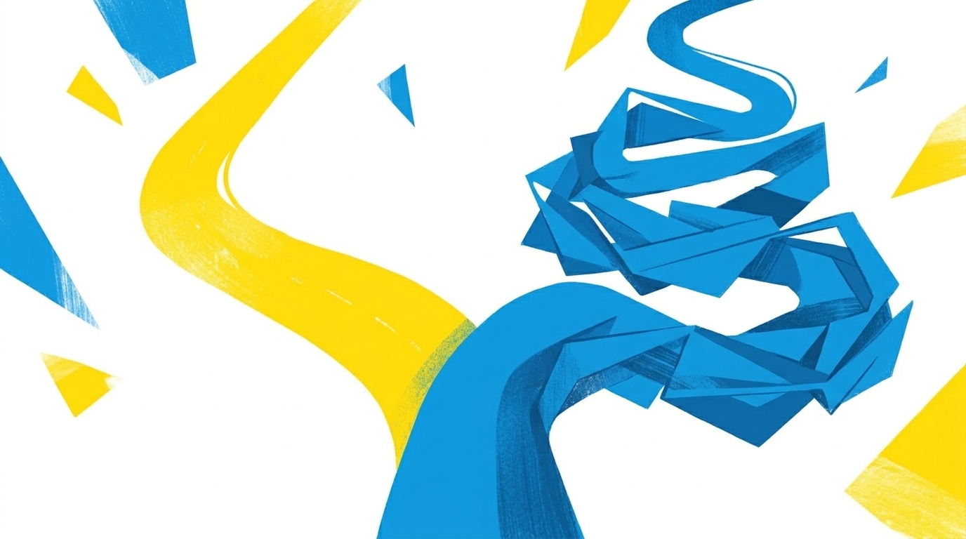 Abstrakte Weggabelung mit einer einfachen und einer komplexen Route, blaue und gelbe Farbgebung