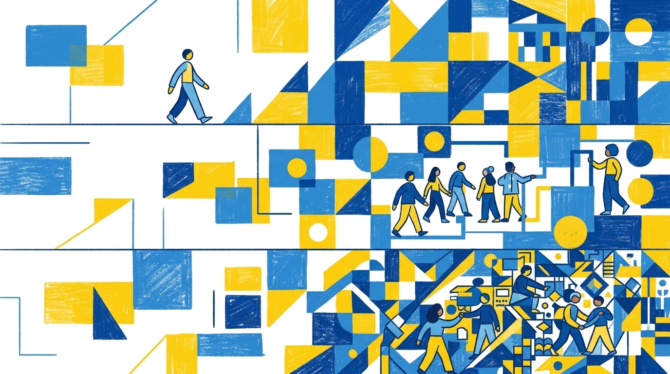 Drei visuelle Spuren in blau und gelb die drei verschiedene Entwicklungswege für KI-Agenten darstellen, abstrakte Illustration