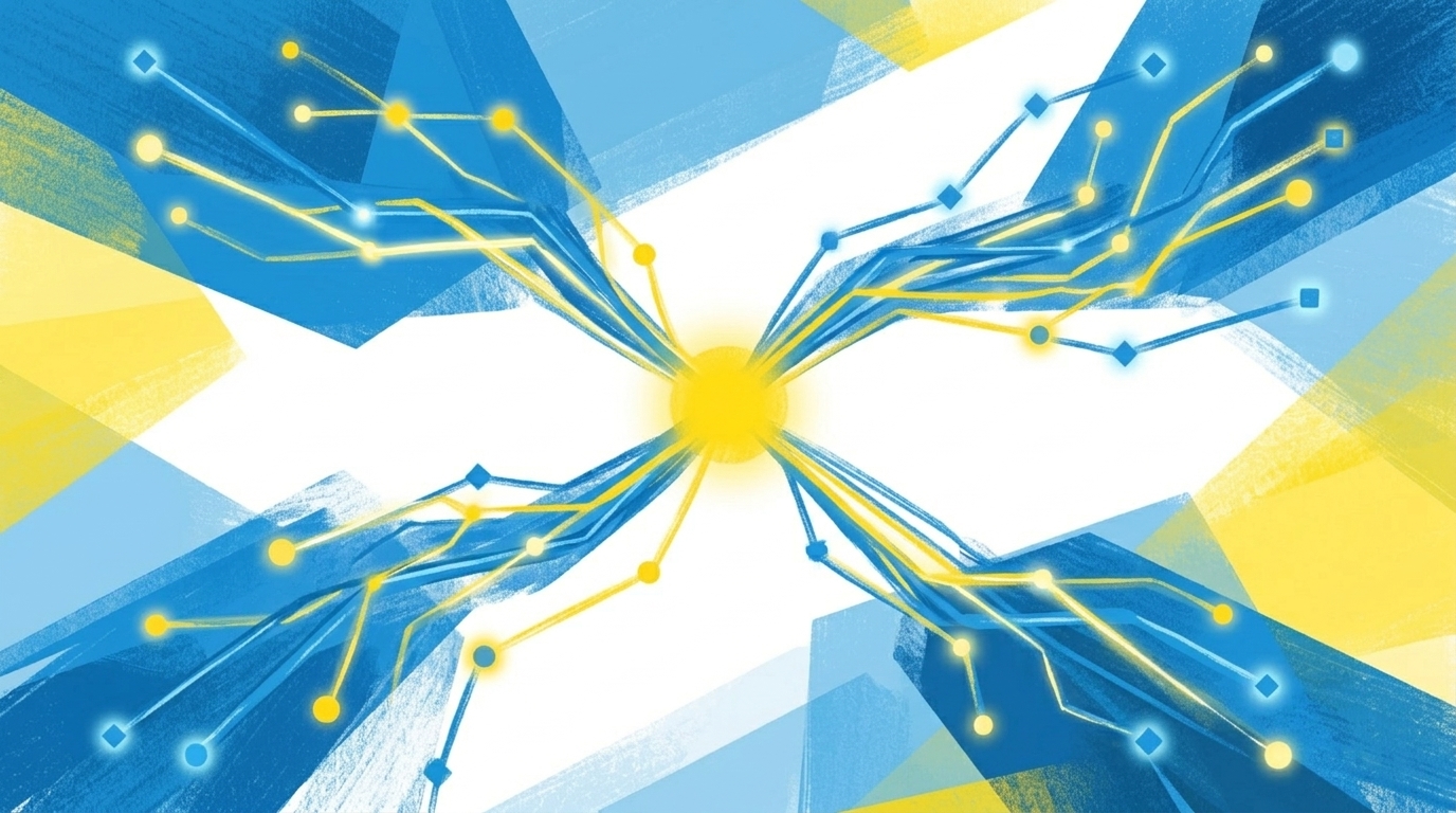 Abstrakte Illustration eines Netzwerks verbundener Knoten mit einem leuchtenden zentralen Punkt, der verschiedene Aufgaben koordiniert, in blau und gelb