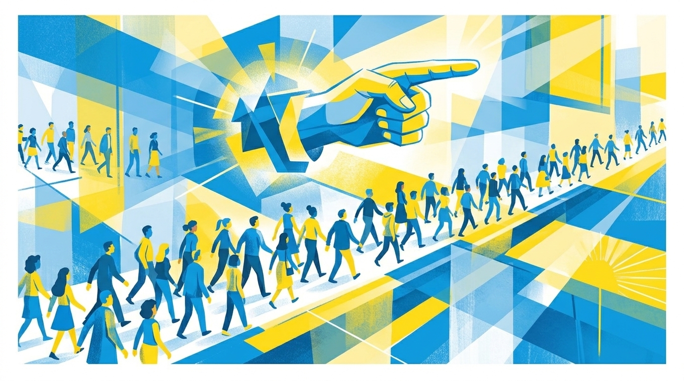 Abstrakte Editorial-Illustration, blau-gelbe Palette, viele kleine Menschenfiguren bewegen sich gemeinsam in eine Richtung, eine Hand zeigt den Weg, geometrische Formen im Hintergrund, kein Text