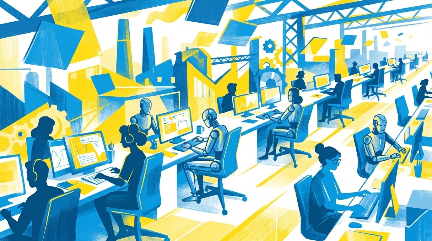 Abstrakte Editorial-Illustration, blau-gelbe Palette, Roboter und Menschenfiguren an Schreibtischen, einige Stühle bleiben leer, geometrische Hintergrundformen, kein Text