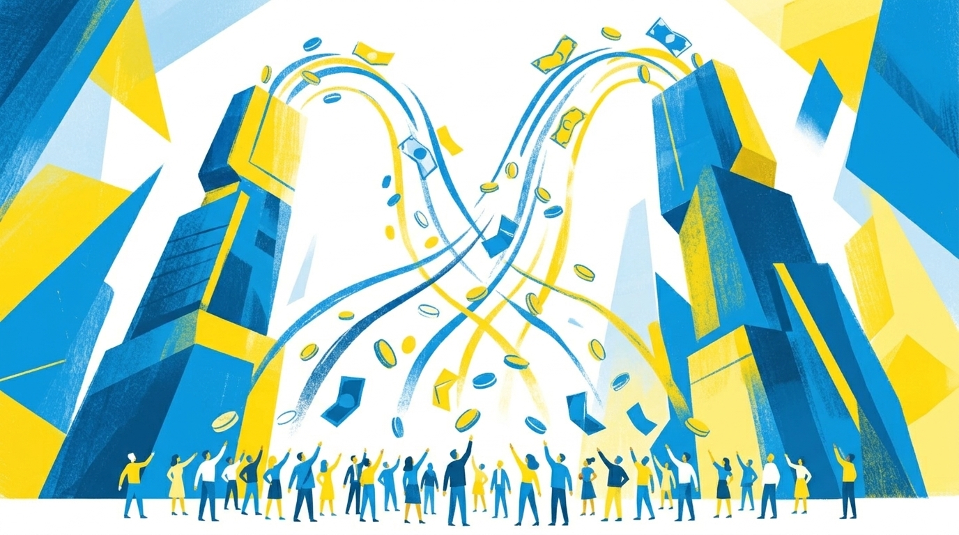 Abstrakte Editorial-Illustration, blau-gelbe Palette, Geldflüsse die von vielen kleinen Menschen zu wenigen riesigen Türmen strömen, dynamische diagonale Komposition, kein Text