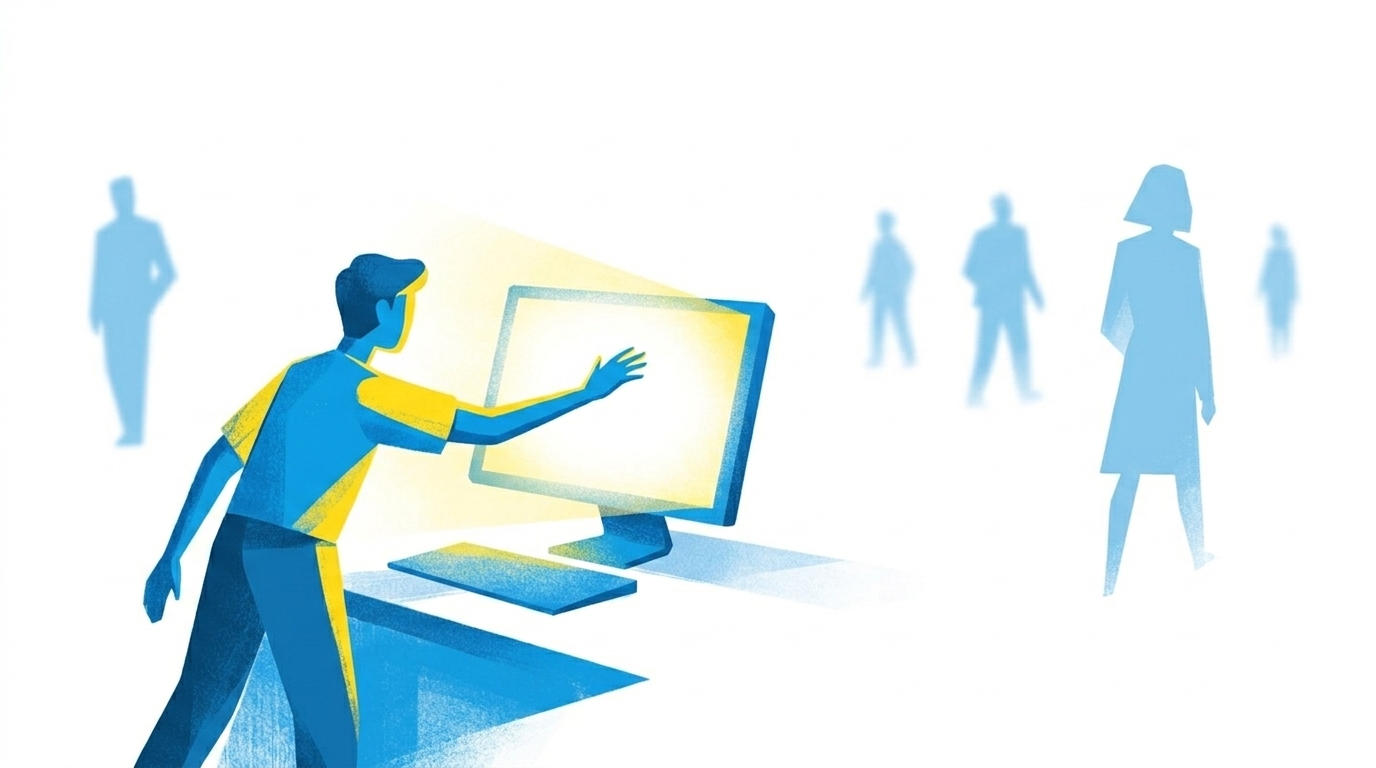 Abstrakte Editorial-Illustration, blau-gelbe Palette, eine menschliche Figur die einem Bildschirm entgegengreift während andere Menschen im Hintergrund unscharf bleiben, kein Text