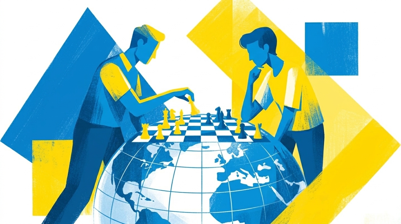 Abstrakte Editorial-Illustration, blau-gelbe Palette, zwei große Figuren spielen Schach auf einem Spielbrett das die Weltkugel darstellt, dynamische diagonale Komposition, kein Text