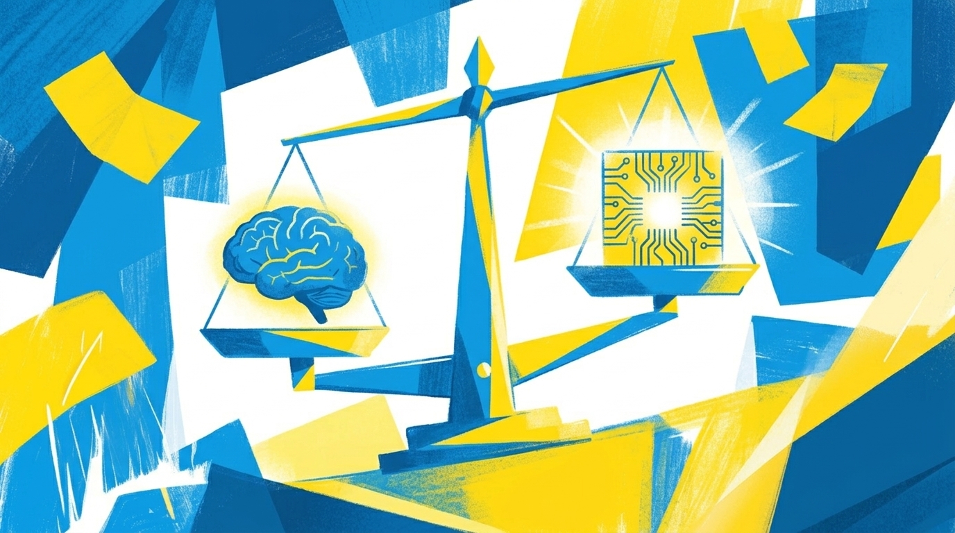 Abstrakte Editorial-Illustration, blaue und gelbe Palette, eine große Waage mit einem Gehirn auf einer Seite und einem Zahnrad auf der anderen, geometrischer Hintergrund, kein Text