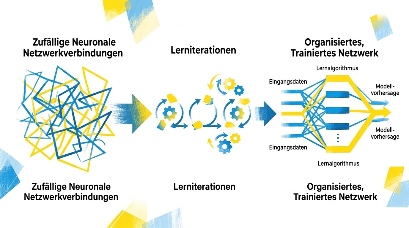 KI-Training: Von zufälligen Verbindungen zu gelernten Mustern im neuronalen Netzwerk