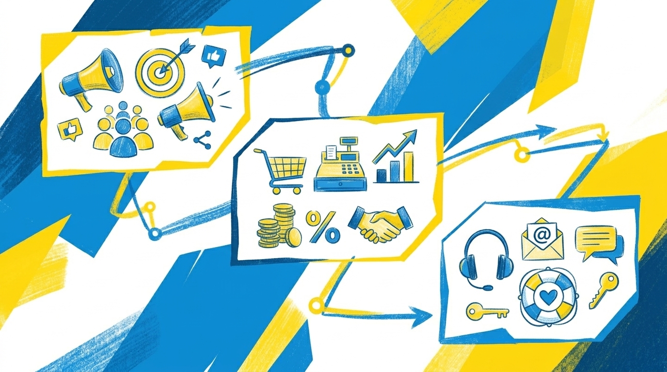 Flat-Illustration mehrerer Arbeitsbereiche mit Symbolen für Marketing, Vertrieb und Service, verbunden durch Linien, blau-gelbe Farbgebung