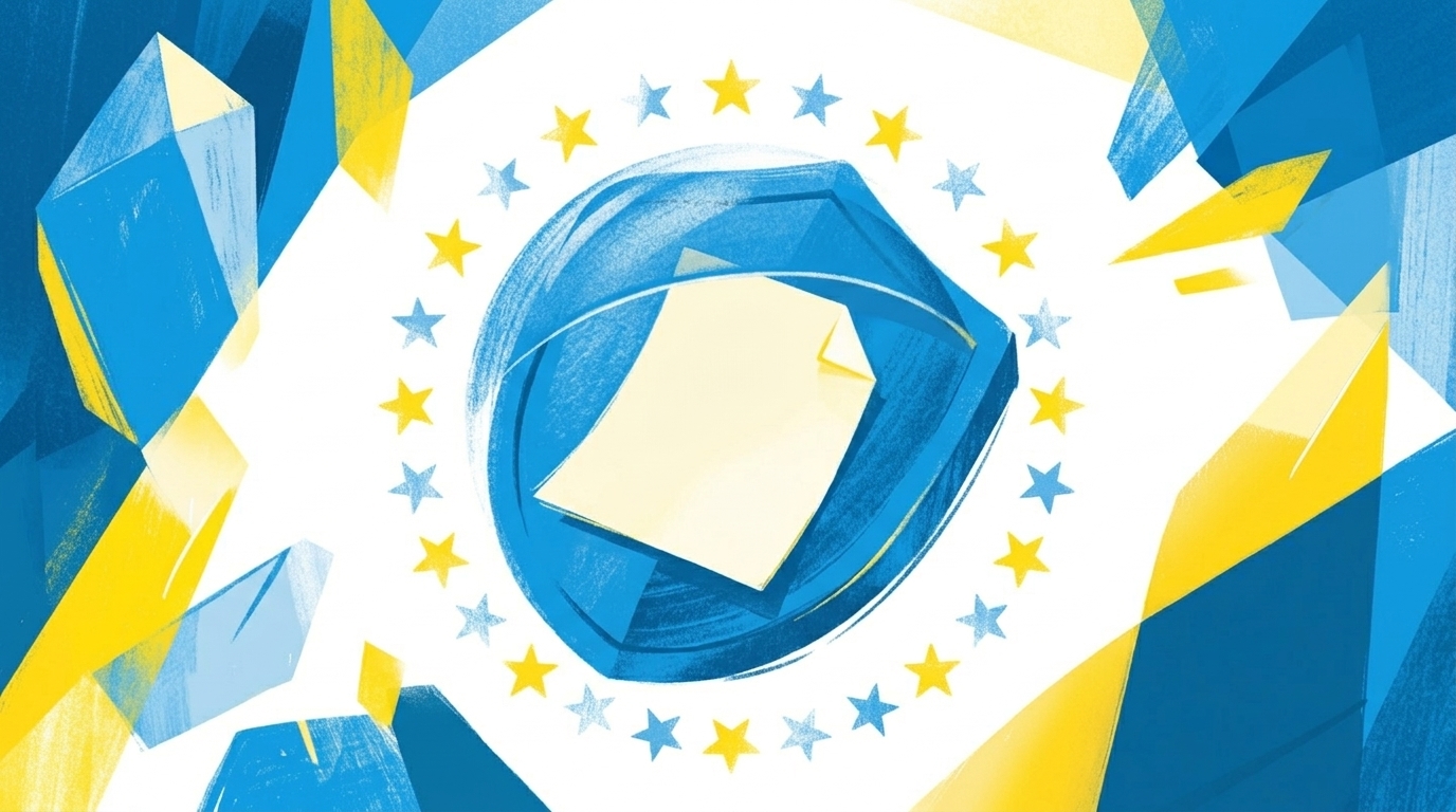 Flat-Illustration eines Schutzschilds mit EU-Sternen und einem Dokument, blau-gelbe Farbgebung, ruhige Komposition