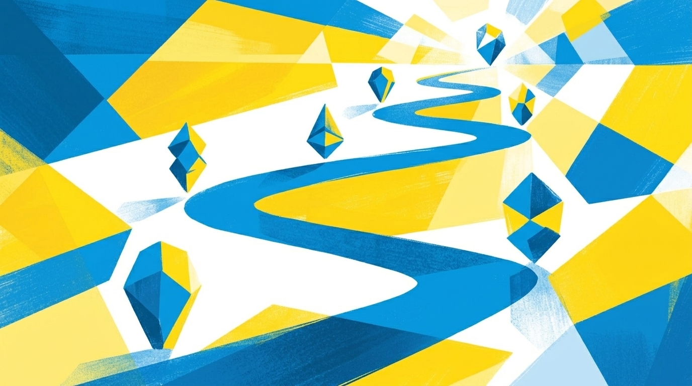 Flat-Illustration eines sechsstufigen Pfads mit Markierungen, aufsteigende Treppe in blau und gelb, dynamische Diagonalkomposition
