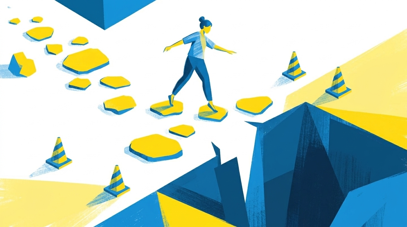 Flat-Illustration einer Person, die über Stolpersteine auf einem Pfad balanciert, warnende gelbe Markierungen, blau-gelbe Farbgebung