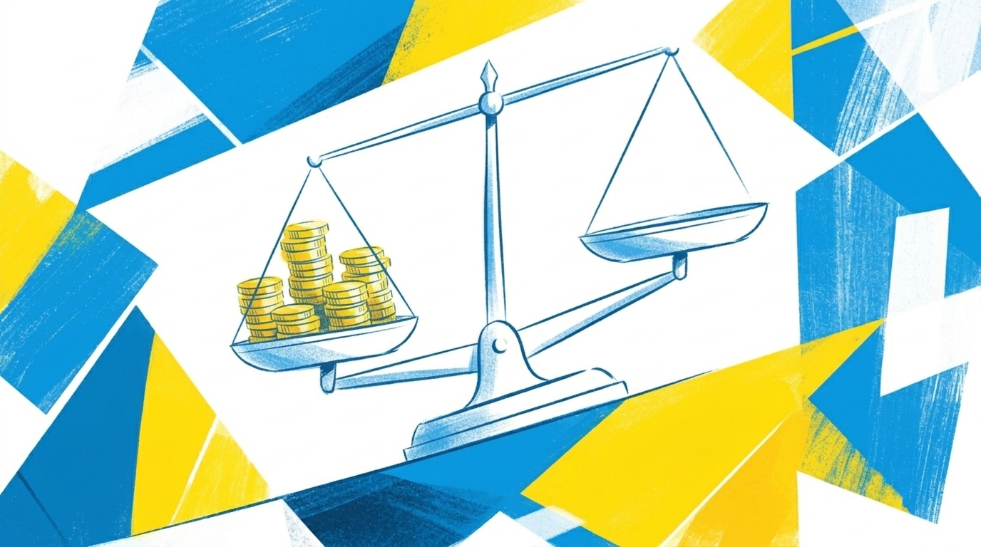 Flat-Illustration einer Waage mit Münzen und einem Taschenrechner-Symbol, blau-gelbe Farbgebung, geometrische Formen