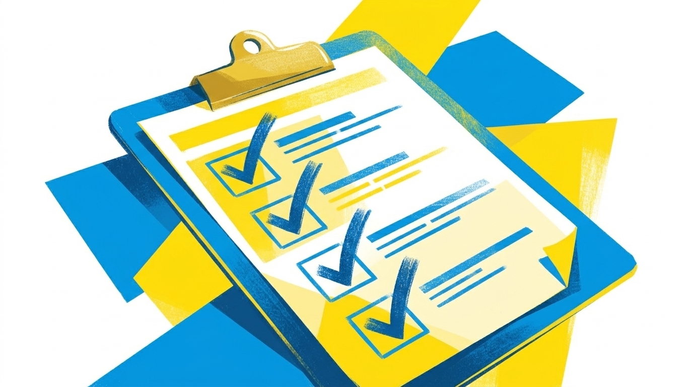 Flat-Illustration eines Dokuments mit Checkliste und Häkchen, blau-gelbe Farbgebung, geometrischer Hintergrund