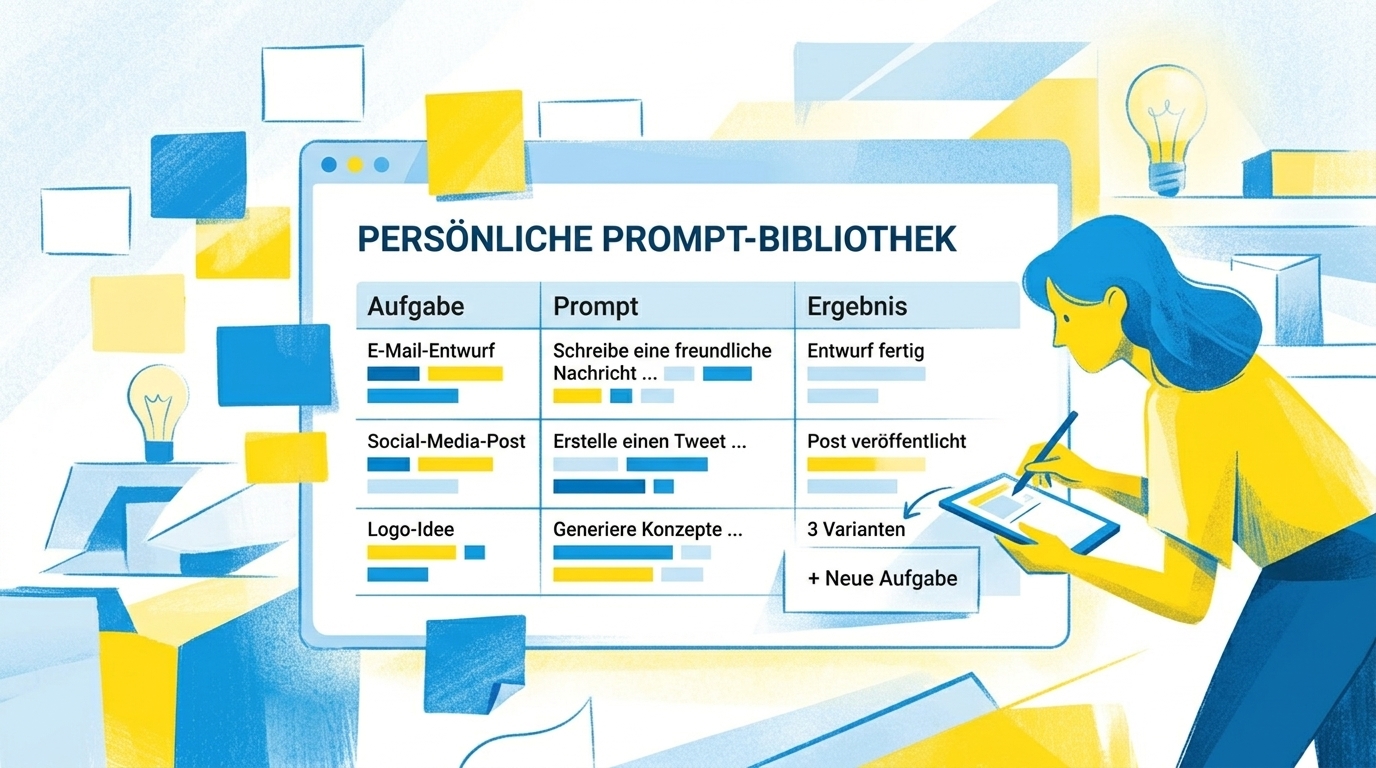 Prompt-Bibliothek in Notion: Tabelle mit Aufgabe, Prompt und Ergebnis als persönliche Wissensdatenbank