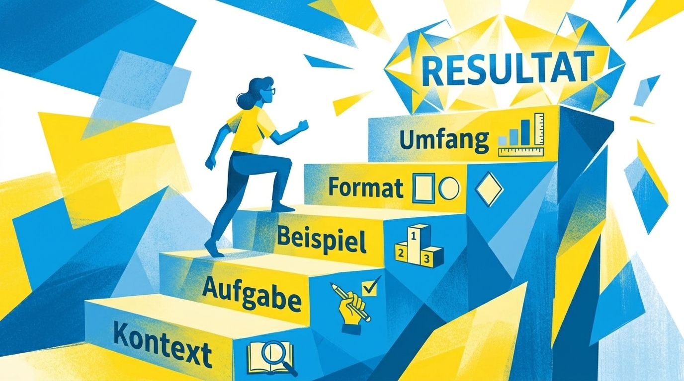 Fünf Schritte zum besseren Prompt als aufsteigende Treppe: Kontext, Aufgabe, Beispiel, Format, Umfang