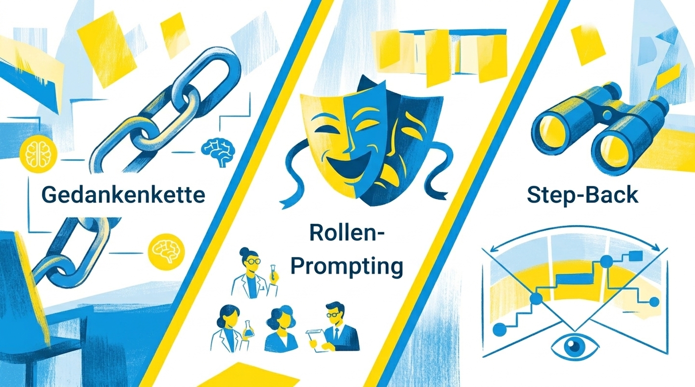 Drei fortgeschrittene Prompting-Techniken: Chain of Thought, Role Prompting, Step-Back Prompting