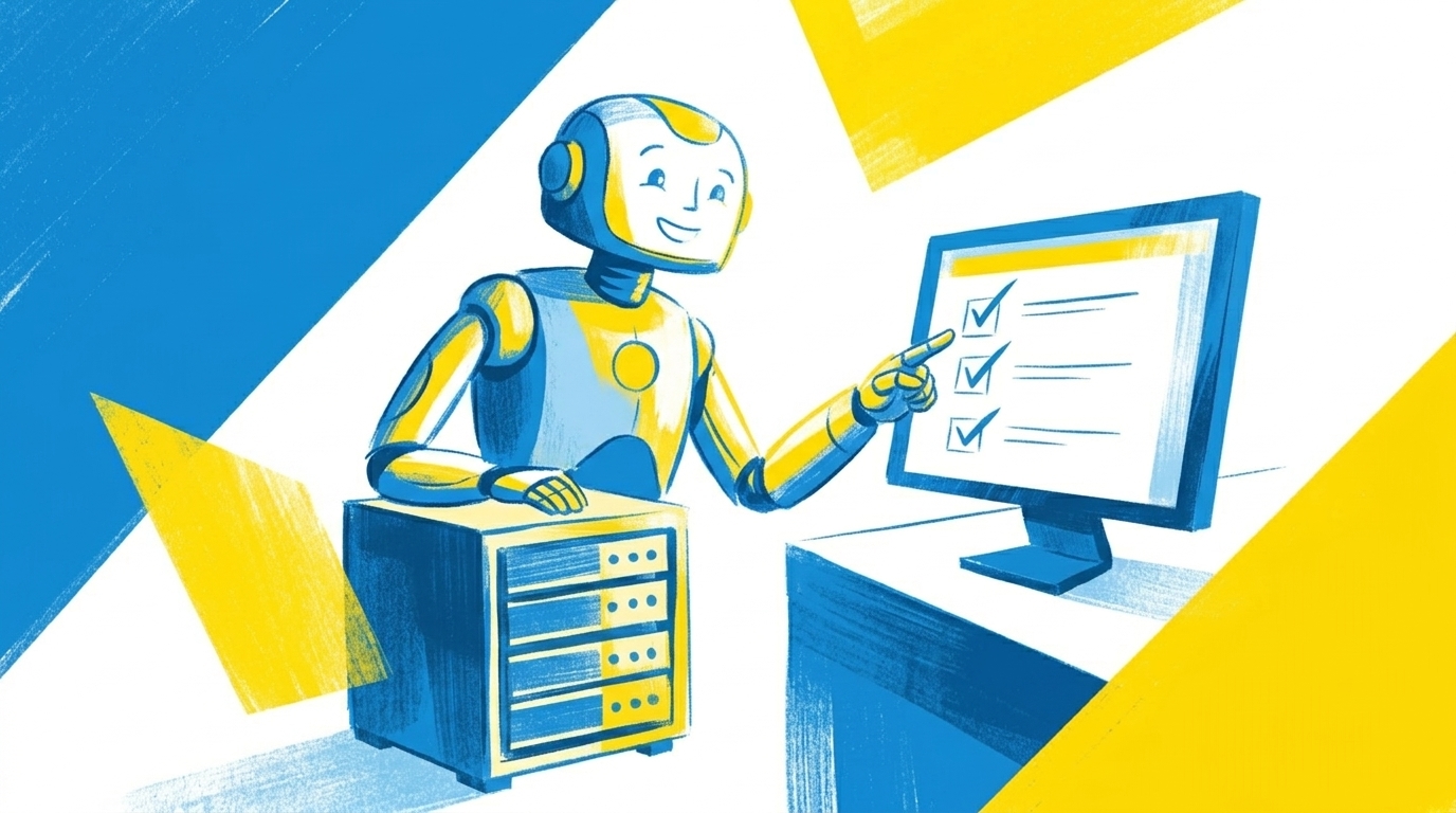 Flat-Illustration einer freundlichen KI-Figur, die neben einem kleinen Server steht und auf einen Bildschirm mit Häkchen zeigt, in blau-gelbem Stil
