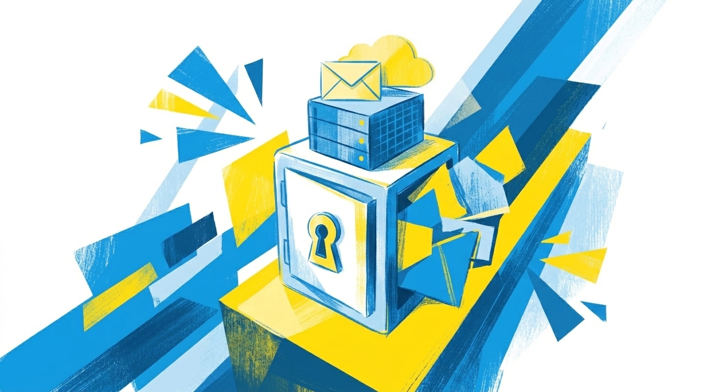 Flat-Illustration eines digitalen Tresors, eines Brief-Symbols und einer Cloud, die auf einem kleinen Server sitzen, in blau-gelbem Stil