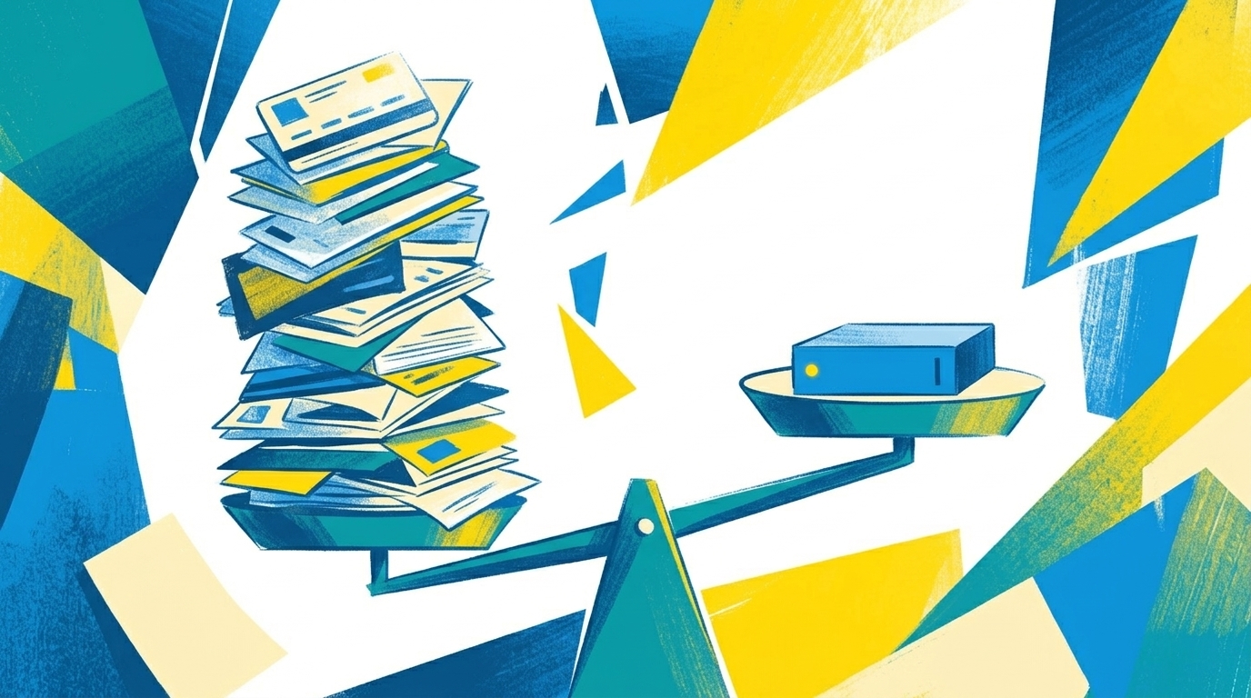 Flat-Illustration einer Waage, die einen Stapel Abo-Karten gegen eine einzelne kleine Servereinheit abwägt, in blau-gelbem Stil