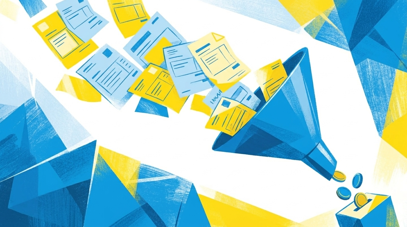 Flat-Illustration mehrerer Abo-Rechnungen, die in einen Trichter fallen und zu Münzen schrumpfen, in blau-gelbem Stil mit geometrischem Hintergrund