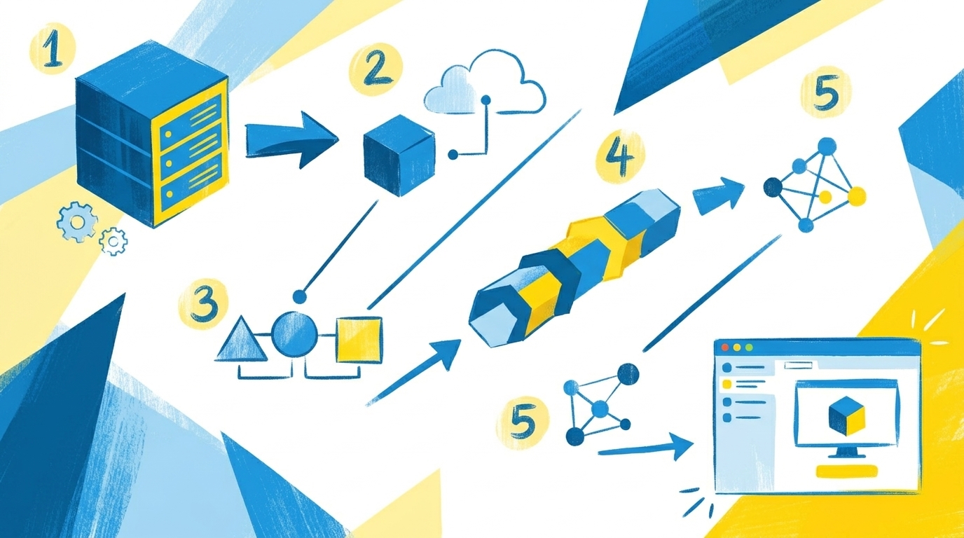 Flat-Illustration einer nummerierten Schritt-für-Schritt-Sequenz vom Server bis zur fertigen Anwendung, in blau-gelbem Stil