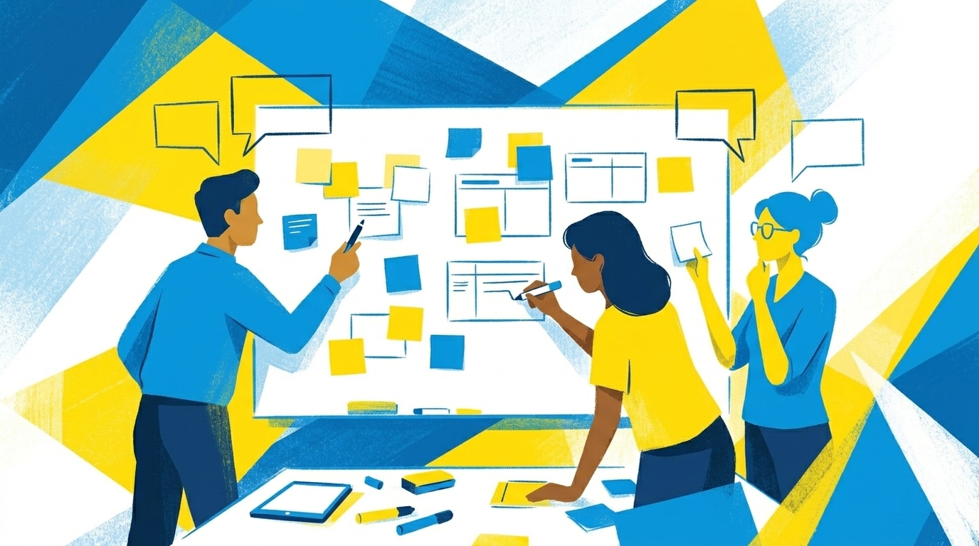 Flat-Illustration dreier Personen, die an einem gemeinsamen Board mit Notizen, Aufgaben und Chat-Blasen arbeiten, in blau-gelbem Stil