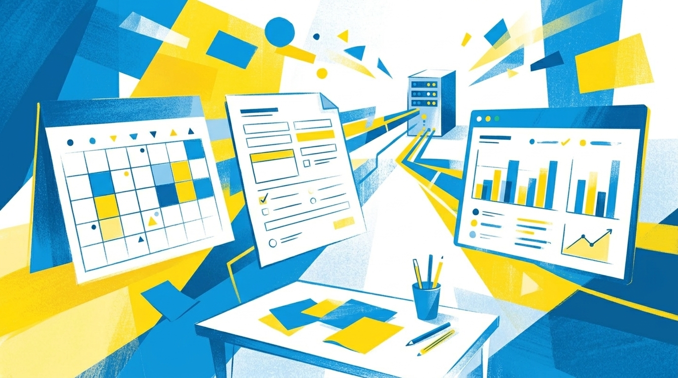 Flat-Illustration eines Kalenders, eines Formulars und eines Diagramm-Dashboards nebeneinander, verbunden mit einem kleinen Server, in blau-gelbem Stil