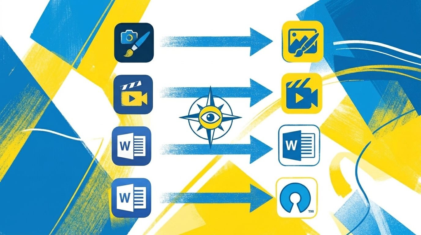 Flat-Illustration einer Landkarte, die bezahlte Tool-Symbole mit ihren quelloffenen Gegenstücken über Pfeile verbindet, in blau-gelbem Stil