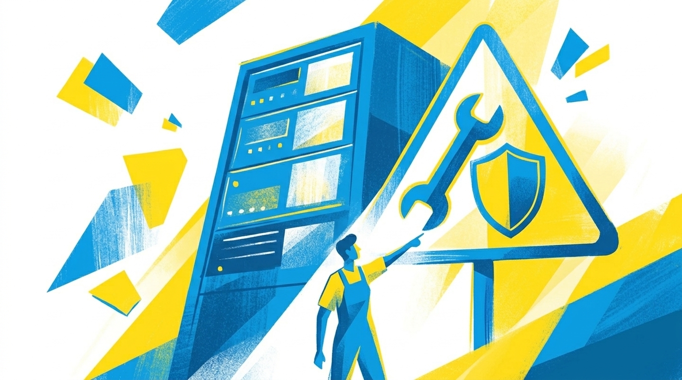 Flat-Illustration eines Warnschilds neben einem Server mit Werkzeug- und Schutzschild-Symbolen, in blau-gelbem Stil