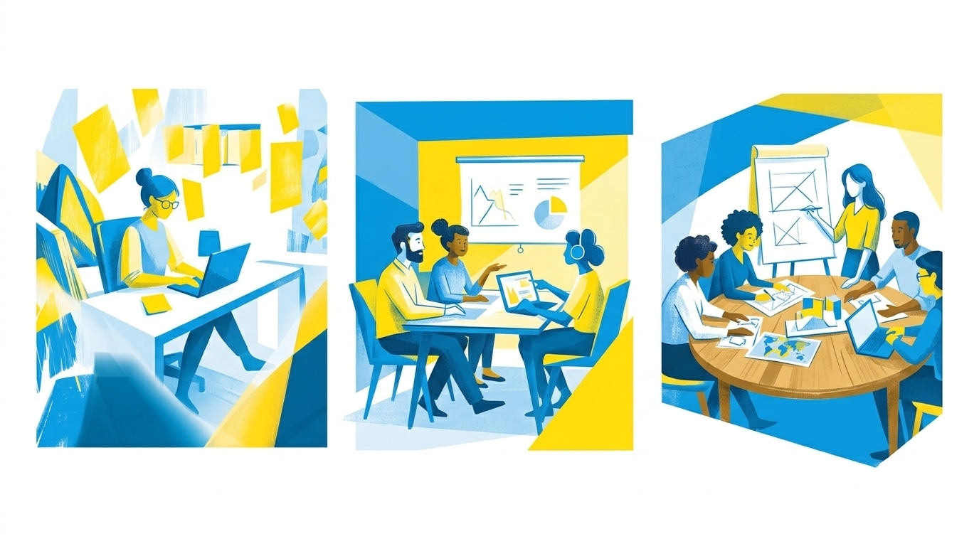 Illustrierung verschiedener KI-Workshop-Formate von E-Learning bis In-House