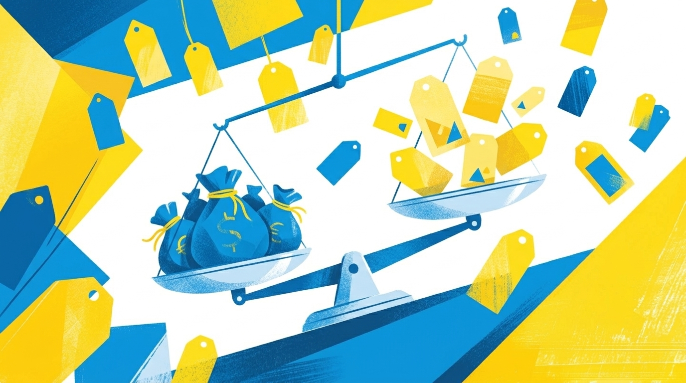 Eine abstrakte Illustration mit blauen und gelben Formen, die Preisschilder und eine Waage symbolisieren