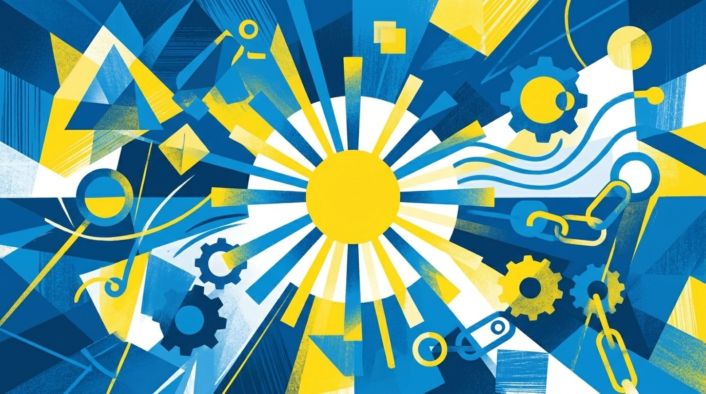 Abstrakte flache Illustration mit Gewichten und Faktoren-Symbolen in Blau und Gelb