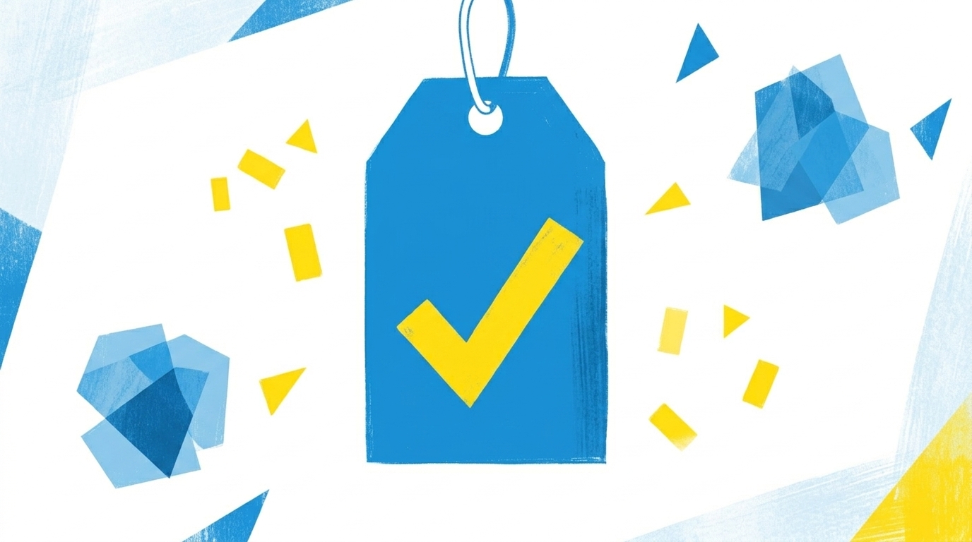 Abstrakte Illustration mit einem großen Preisschild und einem Häkchen in Blau und Gelb, steht für Festpreis-Klarheit