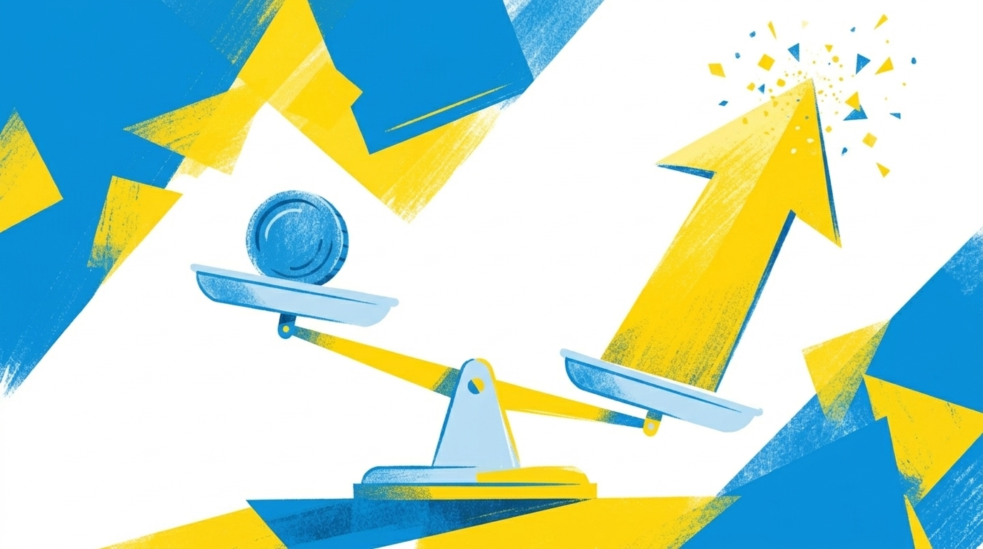 Abstrakte Illustration mit einer Waage, auf der eine kleine günstige Münze gegen einen großen Rückgabepfeil abgewogen wird