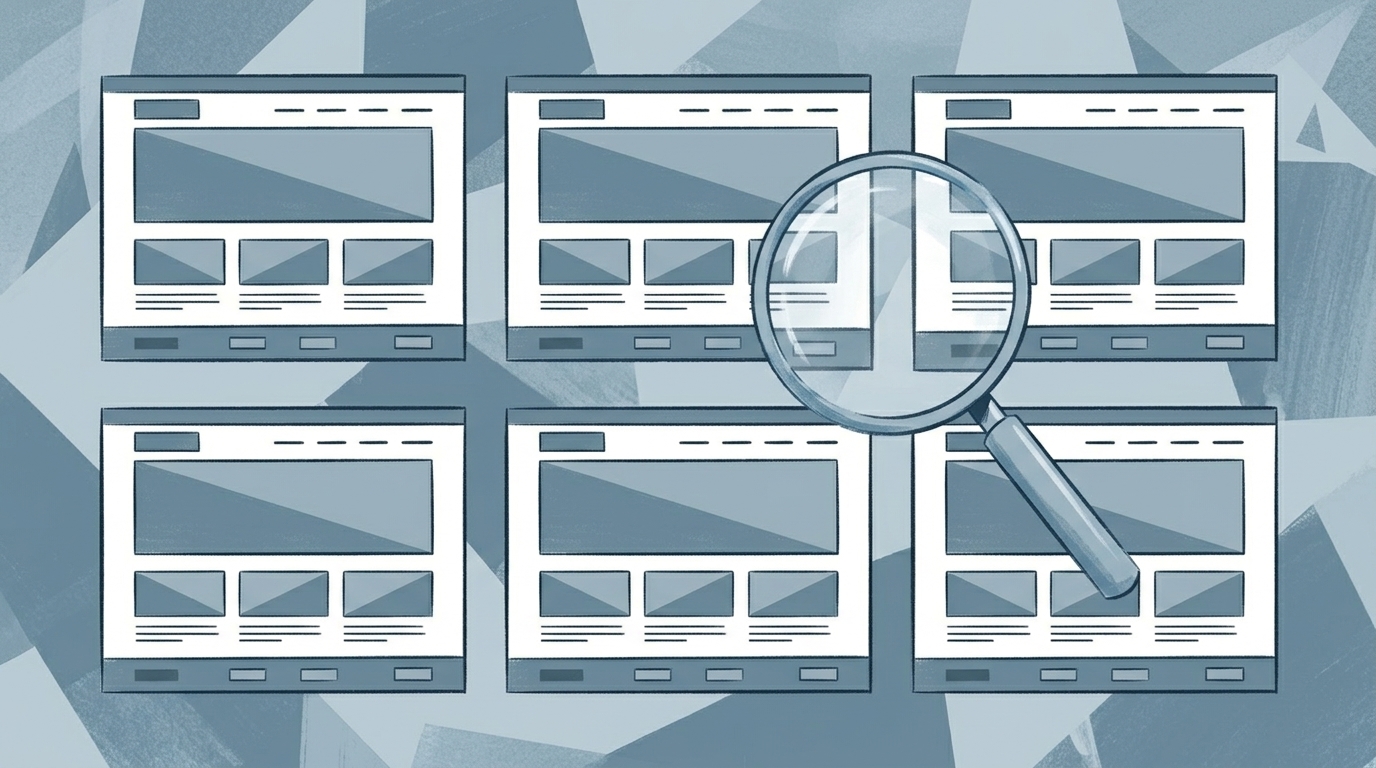 Abstrakte Illustration mit identischen austauschbaren Website-Layouts in gedämpften Farben, symbolisiert generische KI-Designs