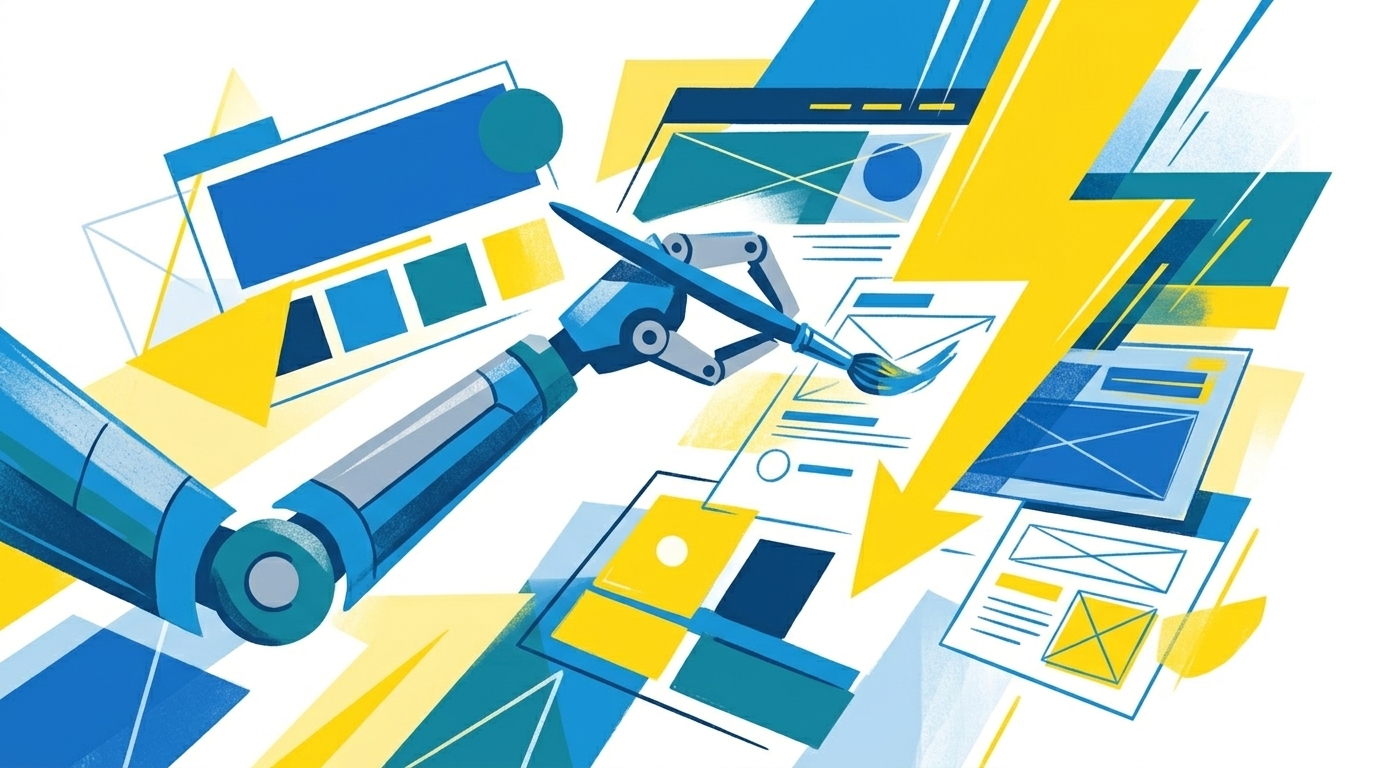 Abstrakte Illustration mit KI-Symbolen, Roboter-Hand und Webdesign-Elementen in Blau und Gelb