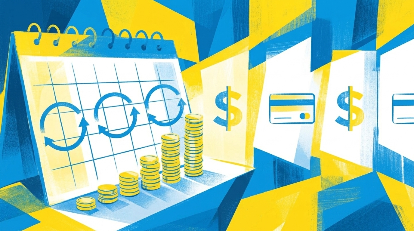 Abstrakte Illustration mit einem Kalender und laufenden Kostenposten in Blau und Gelb