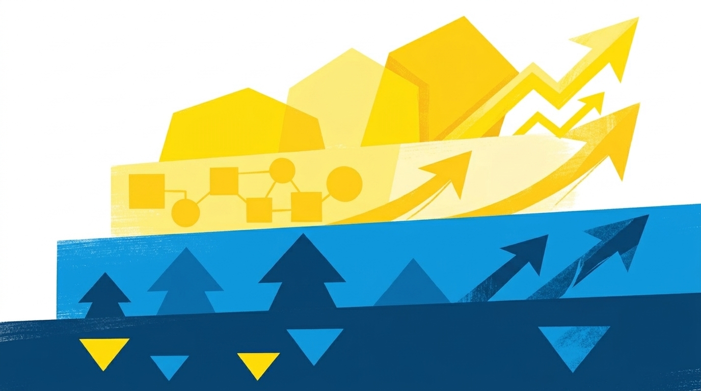 Abstrakte Illustration mit blauen und gelben geometrischen Formen, die verschiedene Preisbänder symbolisieren