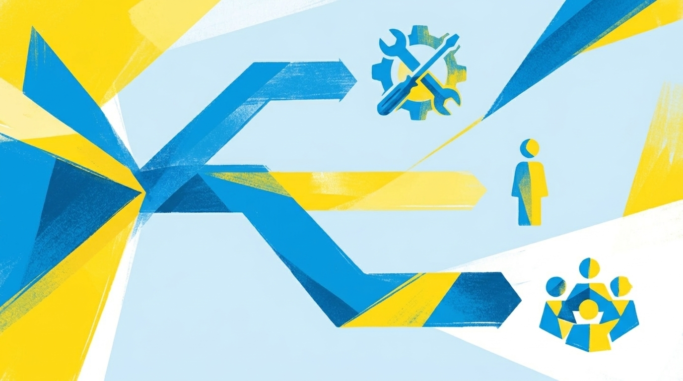 Abstrakte Entscheidungsbaum-Illustration mit drei Wegen in Blau und Gelb