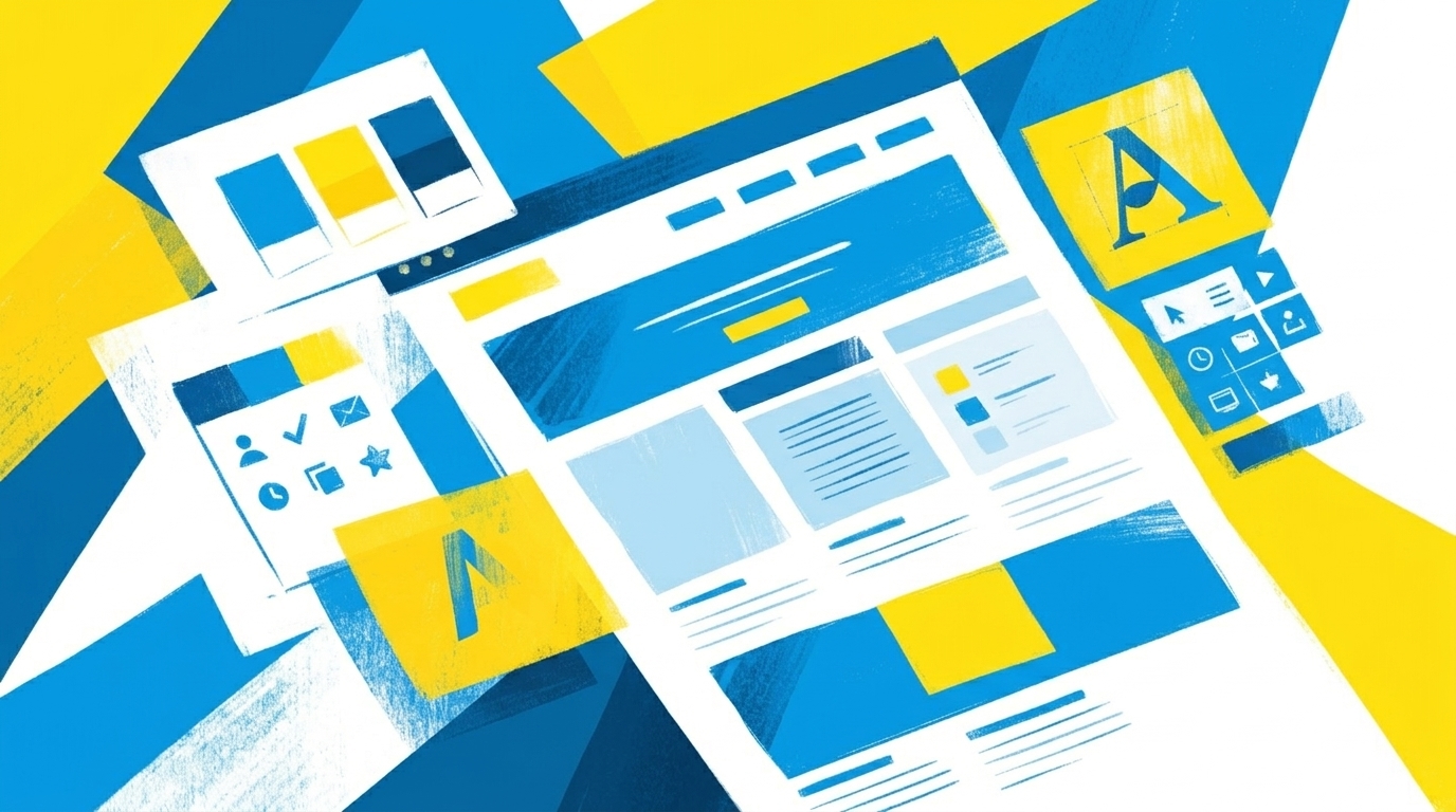 Abstrakte Illustration eines Website-Entwurfs, der aus einer Texteingabe entsteht, in Blau und Gelb