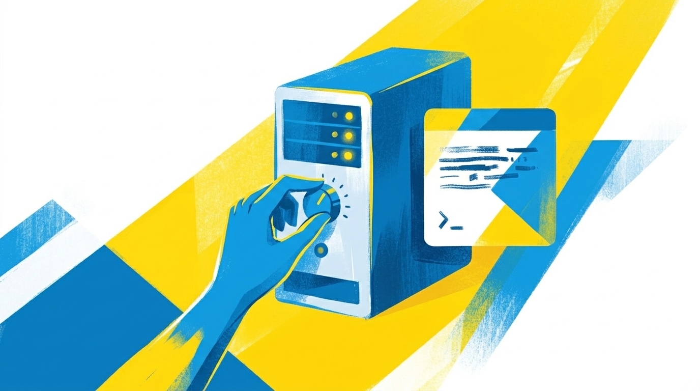 Abstrakte Illustration eines eigenen Servers mit Kontrolle in der Hand, in Blau und Gelb