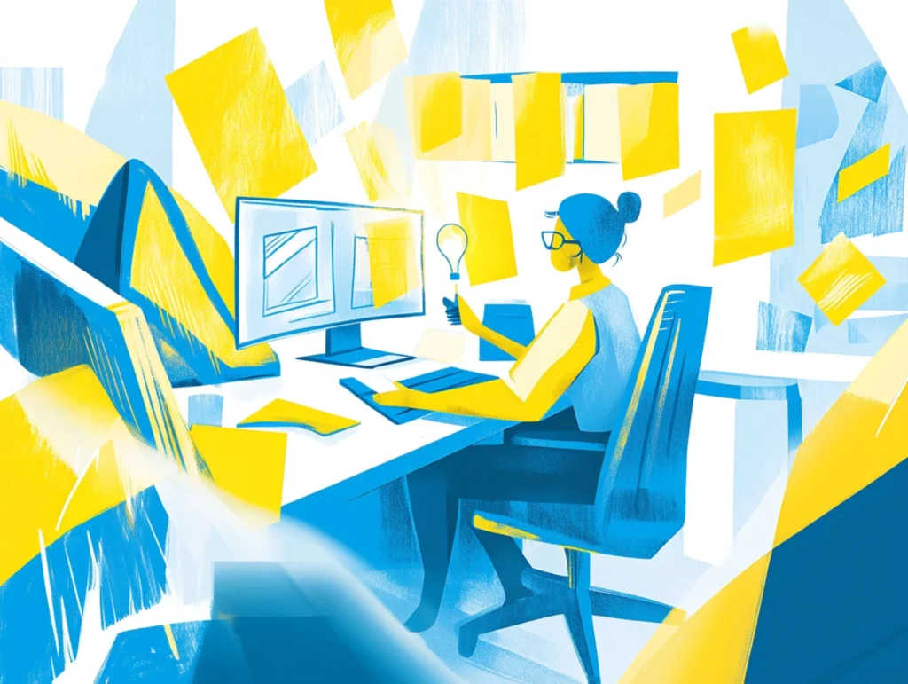 Copywriter sitzt am Schreibtisch und schreibt Headlines