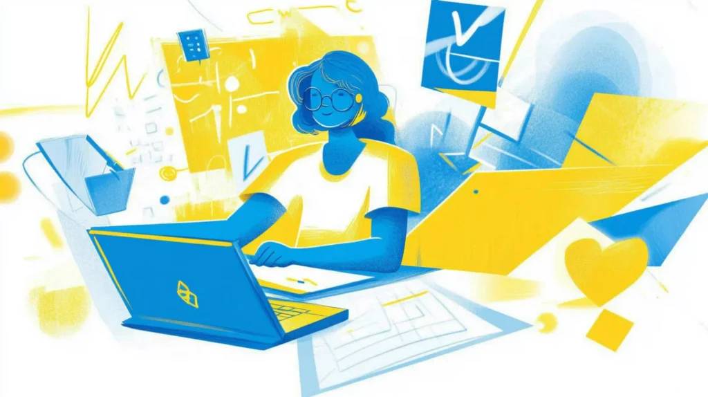 Eine Illustration einer Unternehmerin die eine User Persona am Laptop erstellt
