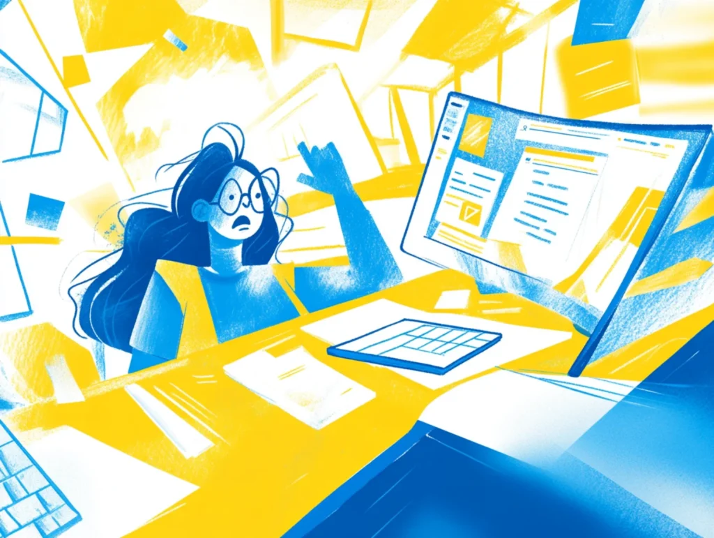 Illustration eines frustrierten Users, der auf einen Bilschirm sieht