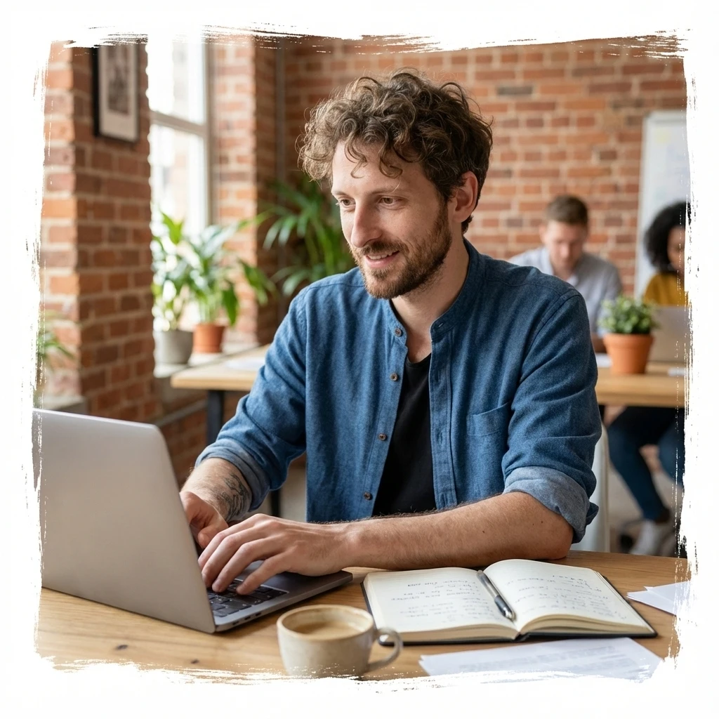 Webdesign Freelancer Wolfgang schreibt Texte am Laptop