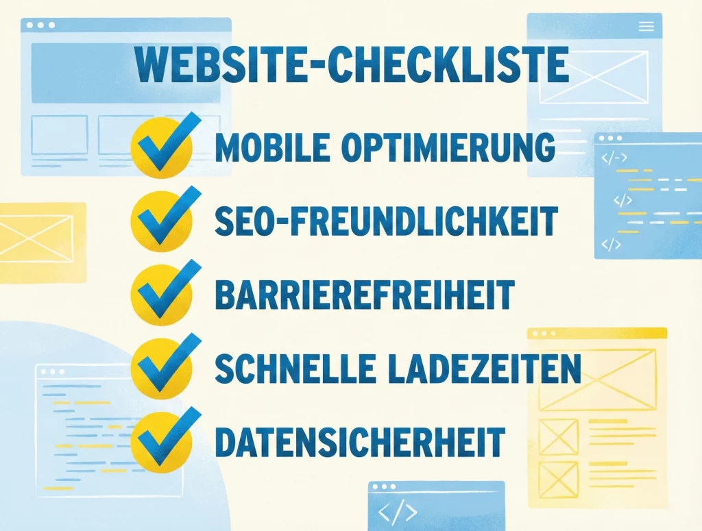 Eine stilisierte Checkliste mit Häkchen vor verschiedenen Aspekten einer Website