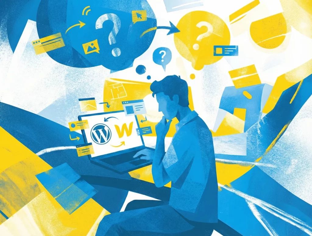 Eine Person die WordPress und Webflow am Laptop vergleicht